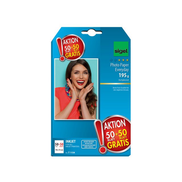Inkjet photo paper Sigel 10x15cm Everyday 195gsm white 50 sheets + 50 sheets free high gloss