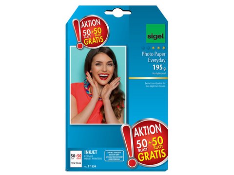 Inkjetfotopapier Sigel 10x15cm Everyday 195grs wit 50 vel + 50 vel gratis hoogglans