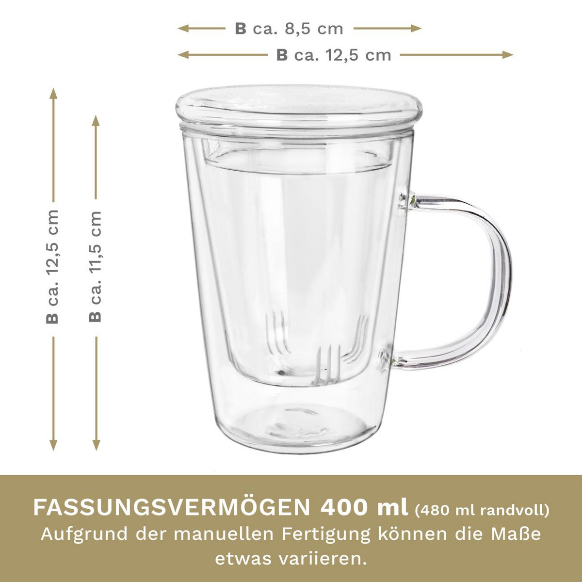 Creano Teeglas All-in-One 400ml Sieb Deckel