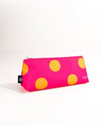  A small, water-resistant pouch in a vibrant pink color with large yellow polka dots, suitable for storing toiletries or other small items.