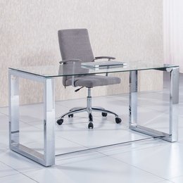 Glass and chrome office desk with gray upholstered swivel chair. Rectangular glass top with chrome frame and legs. Suitable for a modern home or office workspace.