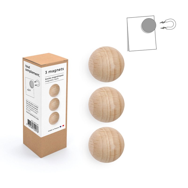 Doos met 3 kleine houten magnetische balletjes - naturel