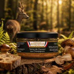  Venison pâté with mushrooms, glass jar, dark label, gourmet French terrine, woodland ingredients