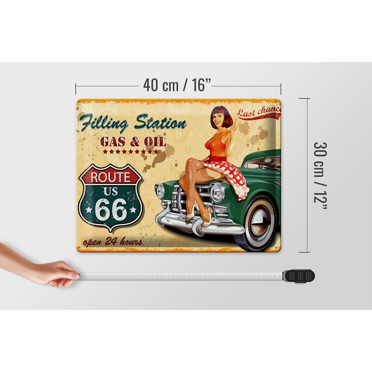 Blechschild Pinup 40x30cm Retro Gas Oil open 24 hours