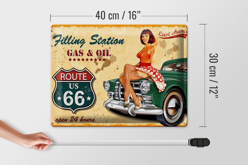 Blechschild Pinup 40x30cm Retro Gas Oil open 24 hours