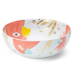A large, round salad bowl with a vibrant, colorful fish design. The bowl is made of durable ceramic material and features a mix of orange, yellow, and white tones with abstract patterns and shapes.