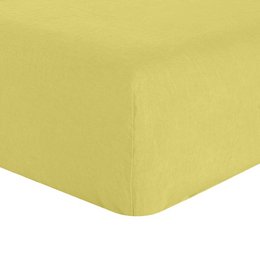 Fitted sheet in French Pear linen, 180x200 cm with 30 cm depth. Soft, breathable, and durable linen material in a light yellow color.