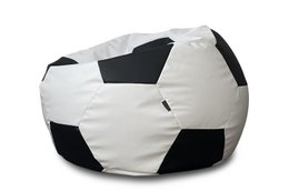 Large, round, black and white bean bag chair in the shape of a soccer ball. Suitable for indoor or outdoor use.