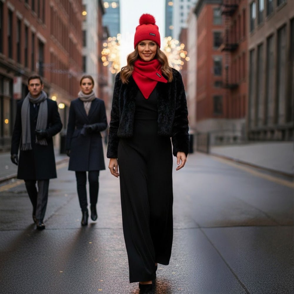 RB5006V | SAINT MORITZ – Doppellagige Stockinette-Strickmütze für Damen mit Pompon, hergestellt in Italien. Rote Farbe