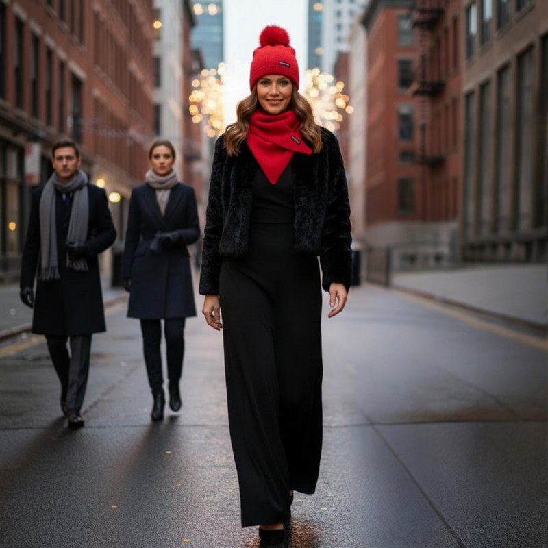 RB5006V | SAINT MORITZ – Doppellagige Stockinette-Strickmütze für Damen mit Pompon, hergestellt in Italien. Rote Farbe