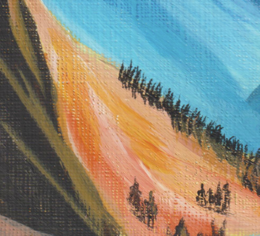 Roadtrip – A5 kunstplakat af originalt akrylmaleri med autocamper og bjerge