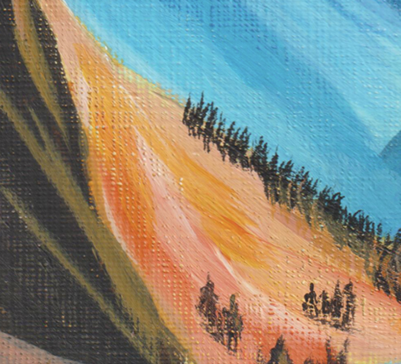Roadtrip – A5 kunstplakat af originalt akrylmaleri med autocamper og bjerge