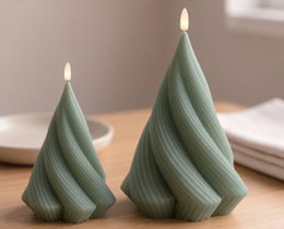 Green spiral twisted cone candles, modern geometric design, decorative LED lights.