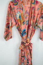 Mantle mattutino stampato arancione, accappatoio, cotone 100%, mantello mattutino, kimono, dall'India, prato per mano