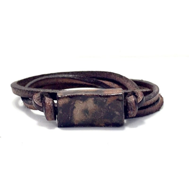 Men's bracelet ceramic block rust brown on leather lace