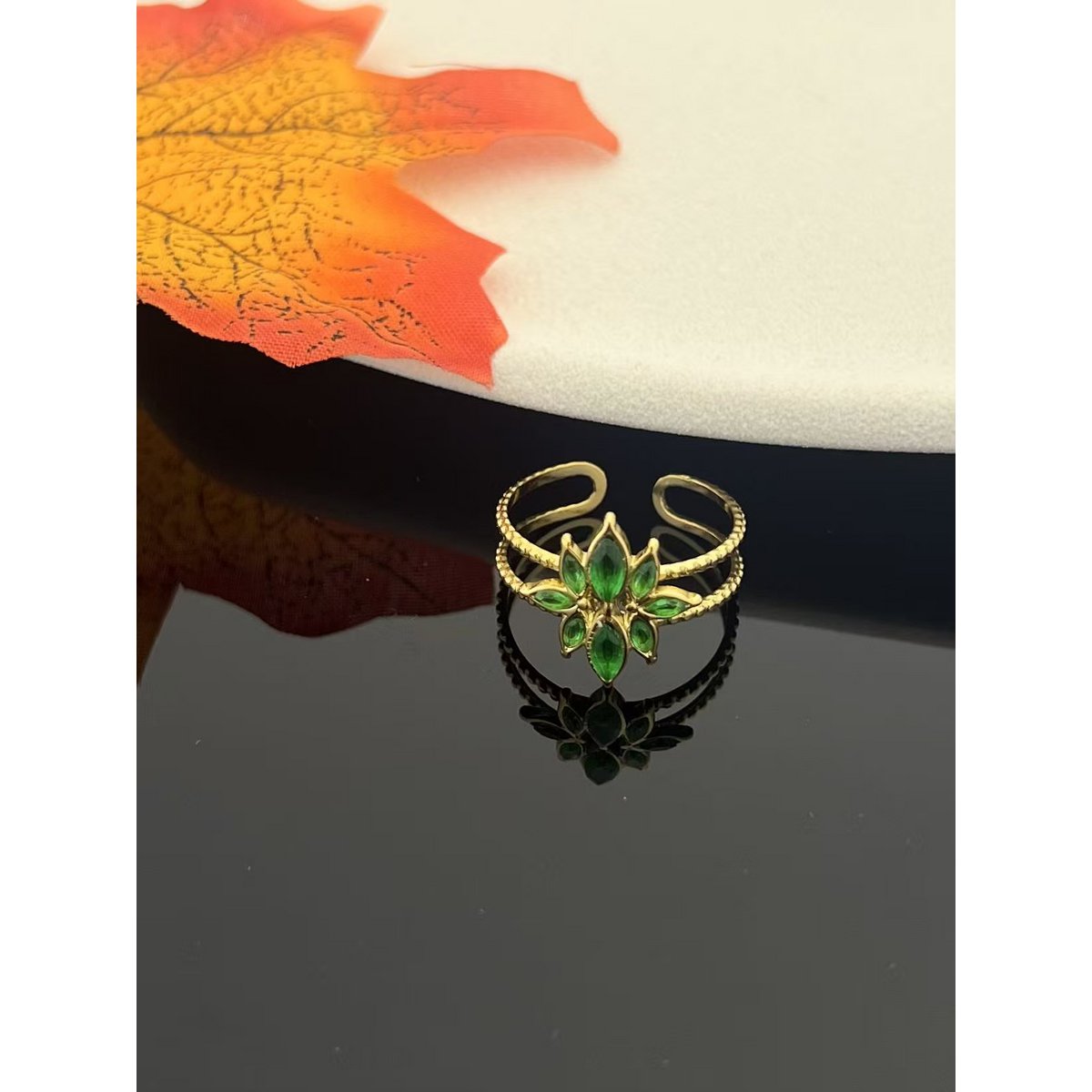 Bague en cristal de fleur verte acier inoxydable doré