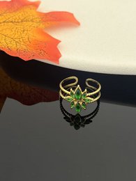 Bague en cristal de fleur verte acier inoxydable doré