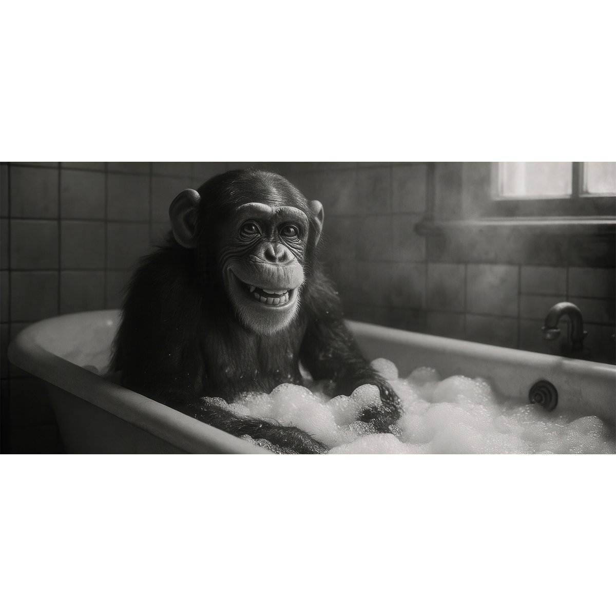 Muurfoto CHIMPANSEE IN DE BADKAMER 33x70 cm - canvas foto spieraam decoratie modern