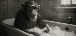 Vægbillede CHIMPANS I BADEVÆRELSET 33x70 cm - lærred billedbåre ramme dekoration moderne