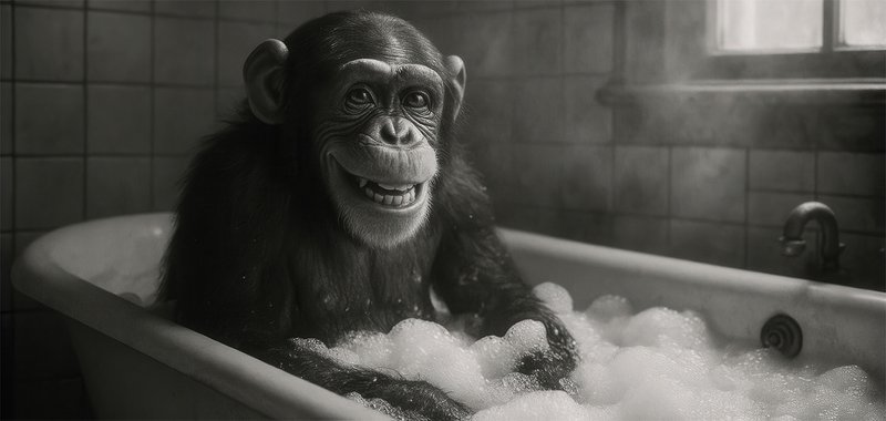 Vægbillede CHIMPANS I BADEVÆRELSET 33x70 cm - lærred billedbåre ramme dekoration moderne
