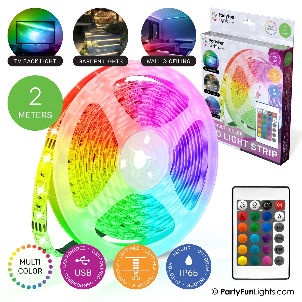 PartyFunLights – Taśma LED – Wielokolorowa RGB – Działa na USB – Kopia o długości 2 metrów