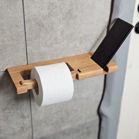 Wall-Mounted Oak Toilet Paper Holder with Shelf and Integrated Phone Slot