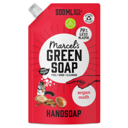 Hand soap refill pouch with argan and oudh scents, 500ml size, eco-friendly and delicious in use.