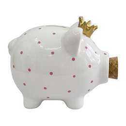 White ceramic pig piggy bank with pink polka dots and gold crown, savings box.