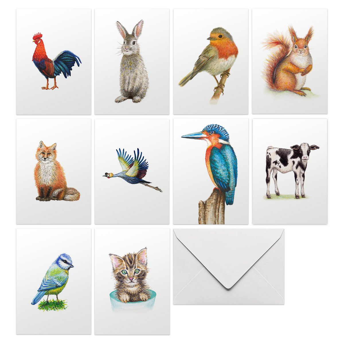10 greeting cards Dutch animals incl. envelope - hand-painted by Mies to Go - postcard - A6 size