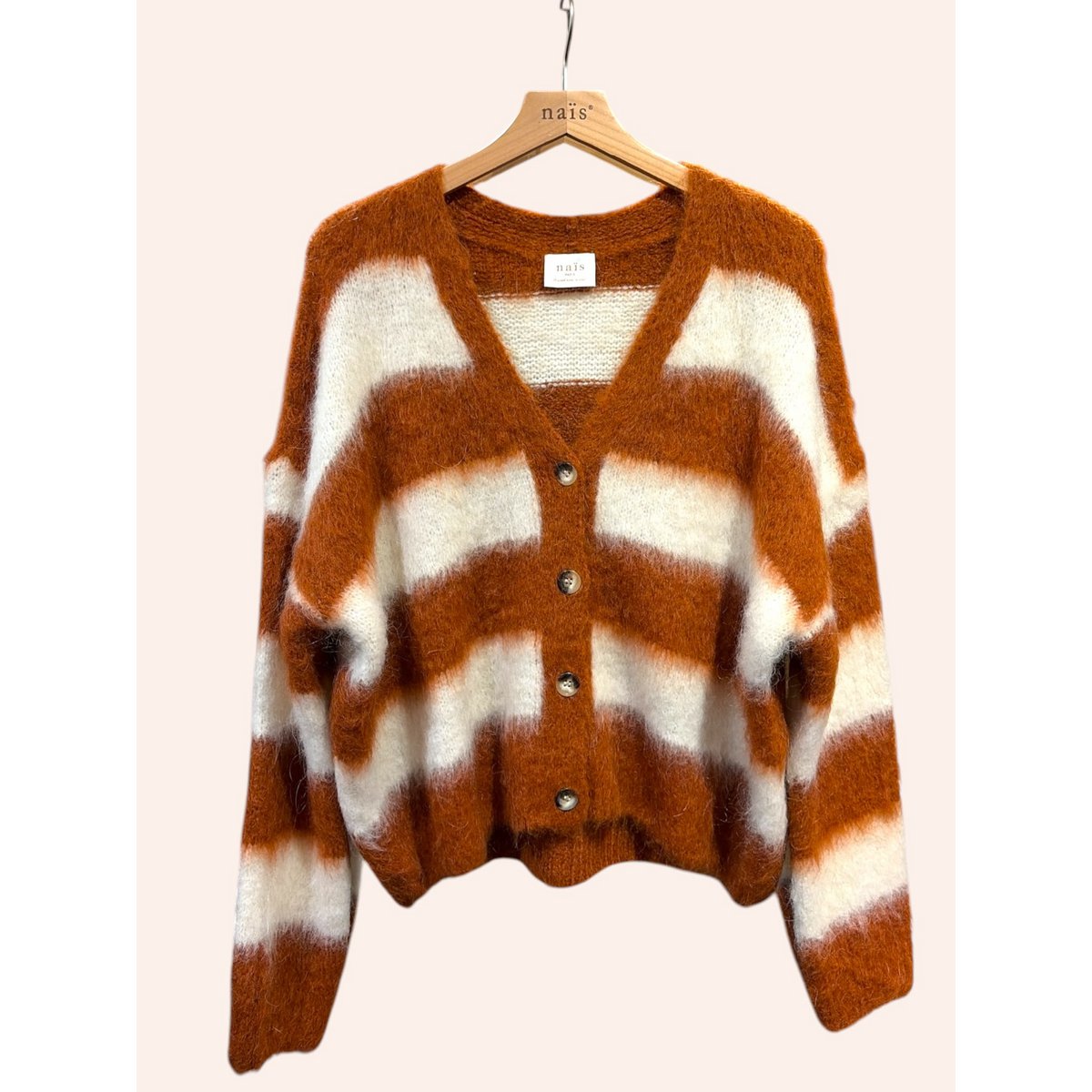 Cardigan col V à rayures manches longues en kid mohair et laine