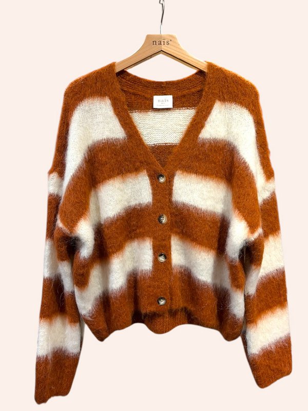 Cardigan col V à rayures manches longues en kid mohair et laine