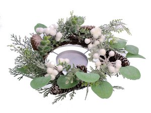 Wreath Pine cones/White berries with candle holder
