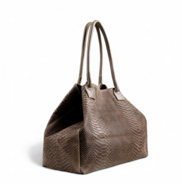 Dark taupe leather tote bag with a textured snakeskin pattern. Features two top handles and a spacious interior for everyday use.