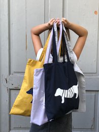 hand-printed fabric bag with mint dachshund motif