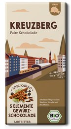 Organic and fair-trade chocolate bar from Kreuzberg, Berlin, featuring 60% cocoa and 5 spice elements.