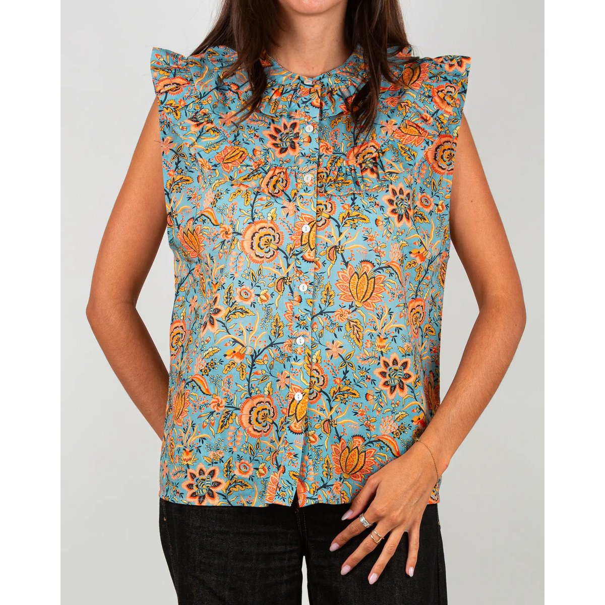 La blouse femme sans manches à volants Lolem bleu