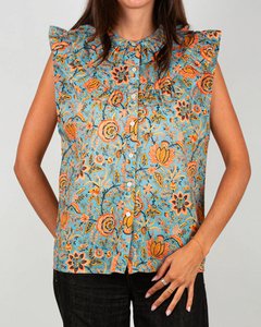 Lolem blue women's sleeveless ruffled blouse