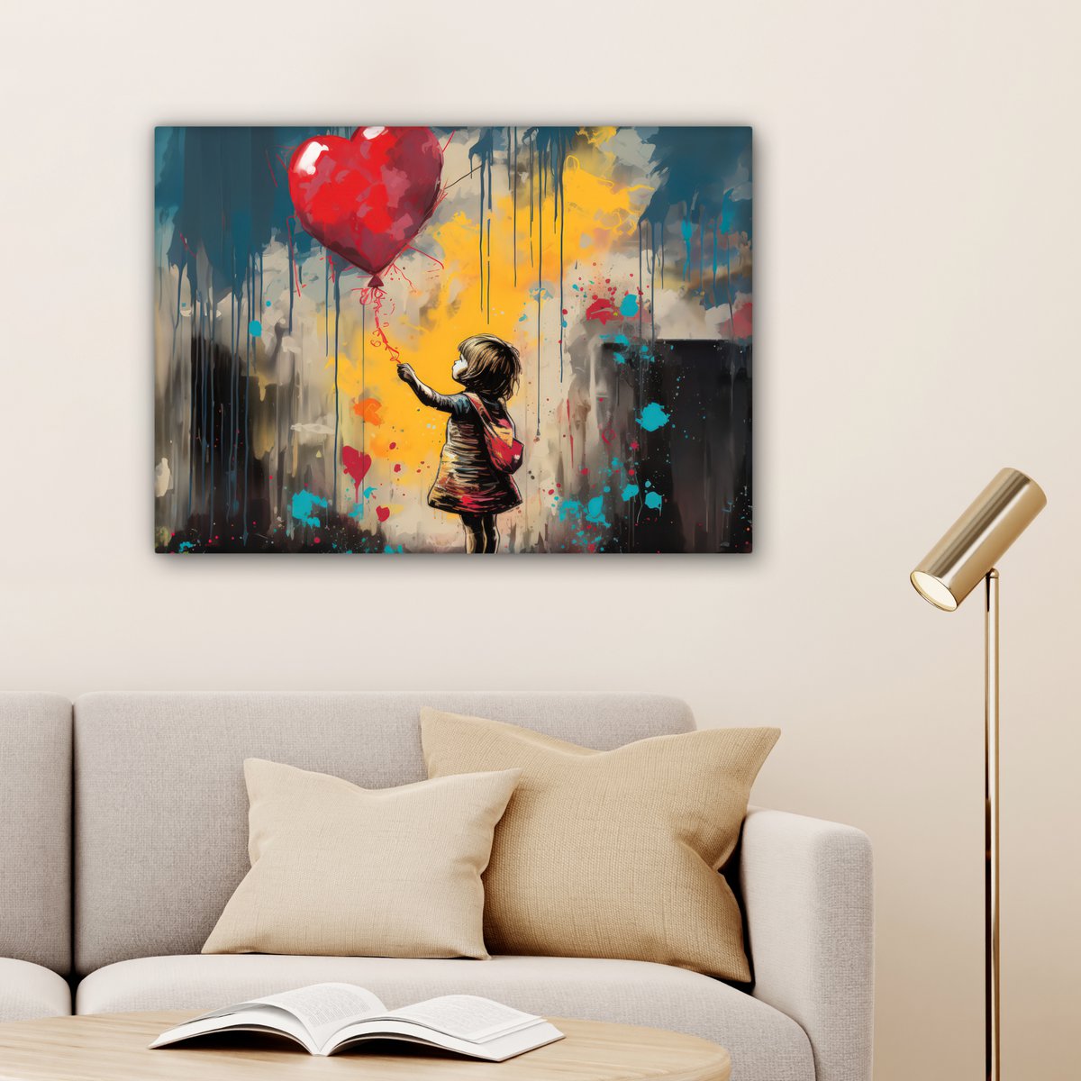 Canvas schilderij  - Wanddecoratie Meisje - Ballon - Hart - Graffiti - Muurdecoratie woonkamer - Slaapkamer decoratie - Kamer accessoires - Schilderijen op canvas