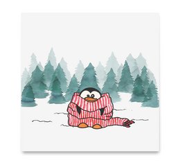 A cozy, illustrated card featuring a penguin wrapped in a striped blanket, surrounded by a snowy forest landscape.