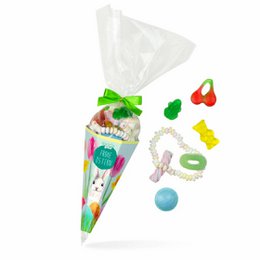 Colorful candy-filled Easter cone with assorted candies and treats.