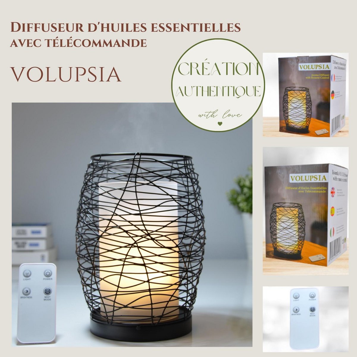 Ultrasonic Diffuser – Volupsia – in Glass and Metal with Remote Control – Simple to Use – Sober Design – Candlelight Lighting