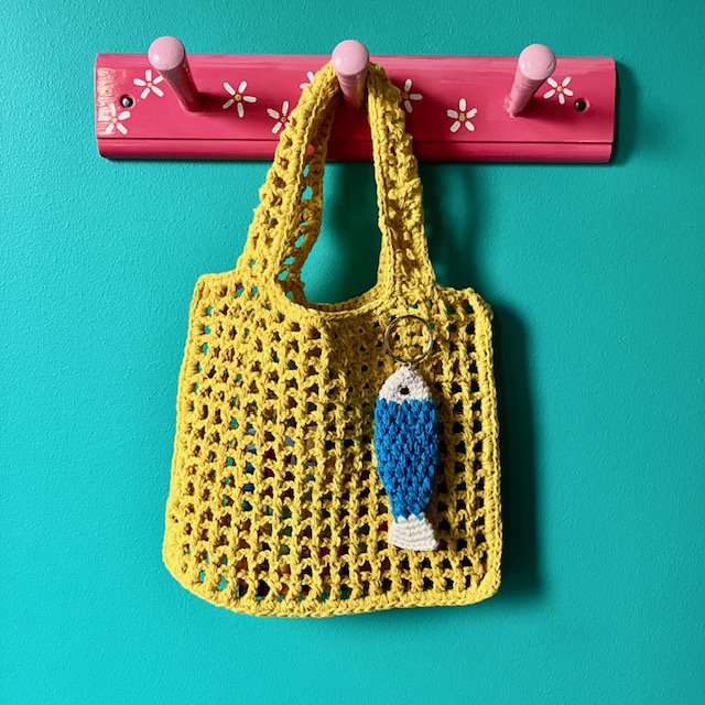 Luna-Leena keychain fish - bag charm - blue - organic cotton - hand crocheted in Nepal - bag hanger