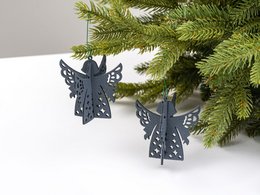 Decorative angel-shaped Christmas tree ornaments in various shades of grey, featuring intricate laser-cut designs.