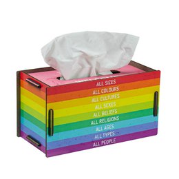 Colorful tissue box with "WELCOME" text. Rectangular shape with rainbow-colored stripes. Tissue paper visible through the opening at the top.
