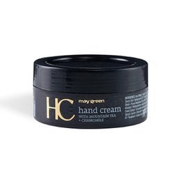 A 75ml hand cream in a black jar with the text "MAYGREEN | HAND CREAM | 75ml" on the label. The cream is designed to moisturize and nourish the hands.