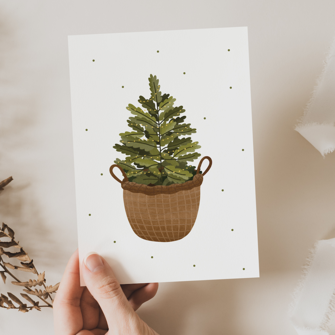 Carte de Noël Sapin de Noël dans un panier - Carte postale de Noël sapin
