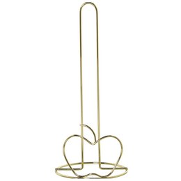 Golden metal kitchen roll holder with a curved, arched design and an apple-shaped base.