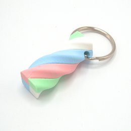 Multicolor twisted keychain with green, blue, pink stripes, spiral design, plastic material