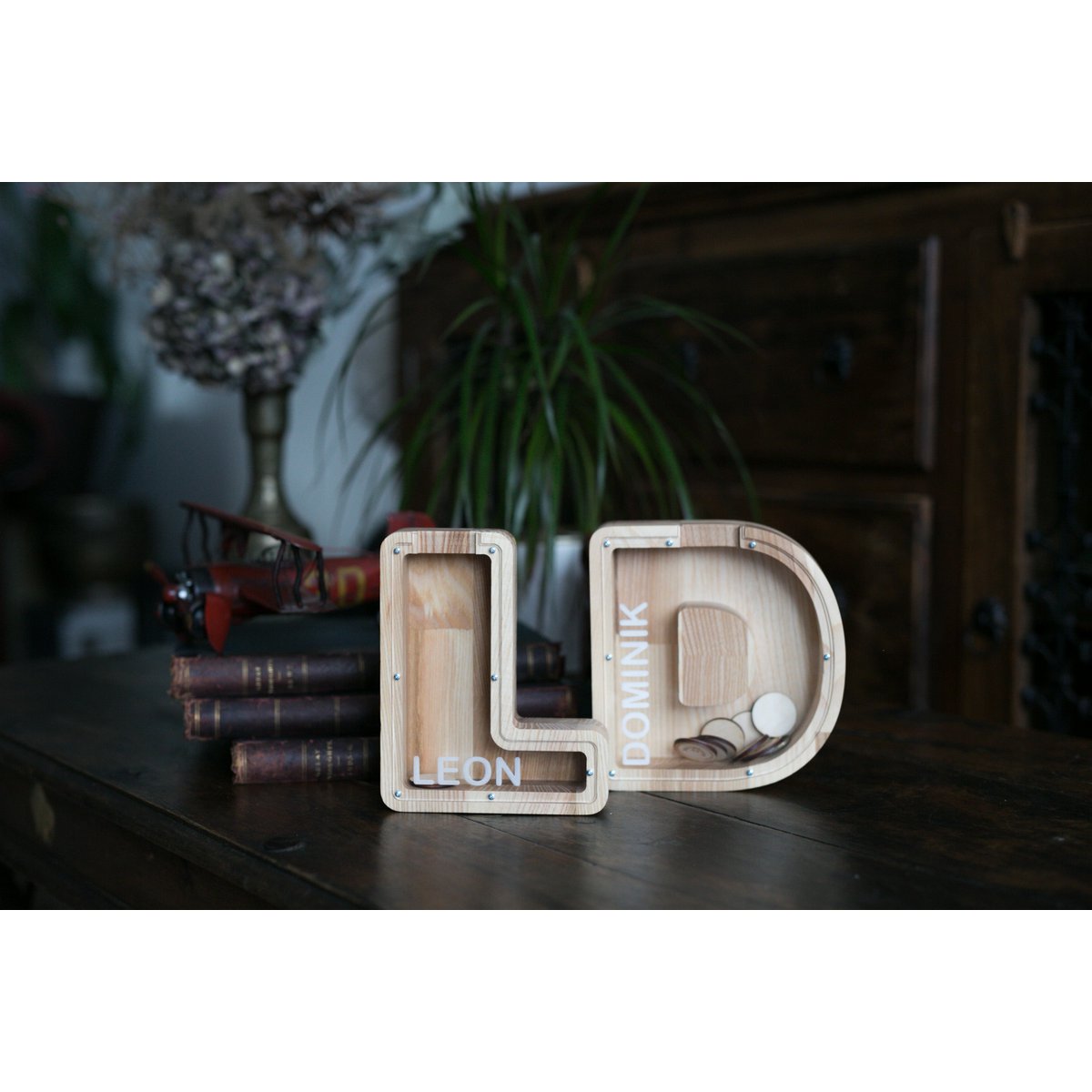 Wooden Piggy Bank Lille, brevpengebank, møntkasse, træboksepenge, sparer pengeboks