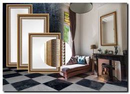 Antique gold framed mirror with various size options, suitable for decorative use in a bathroom or living room.